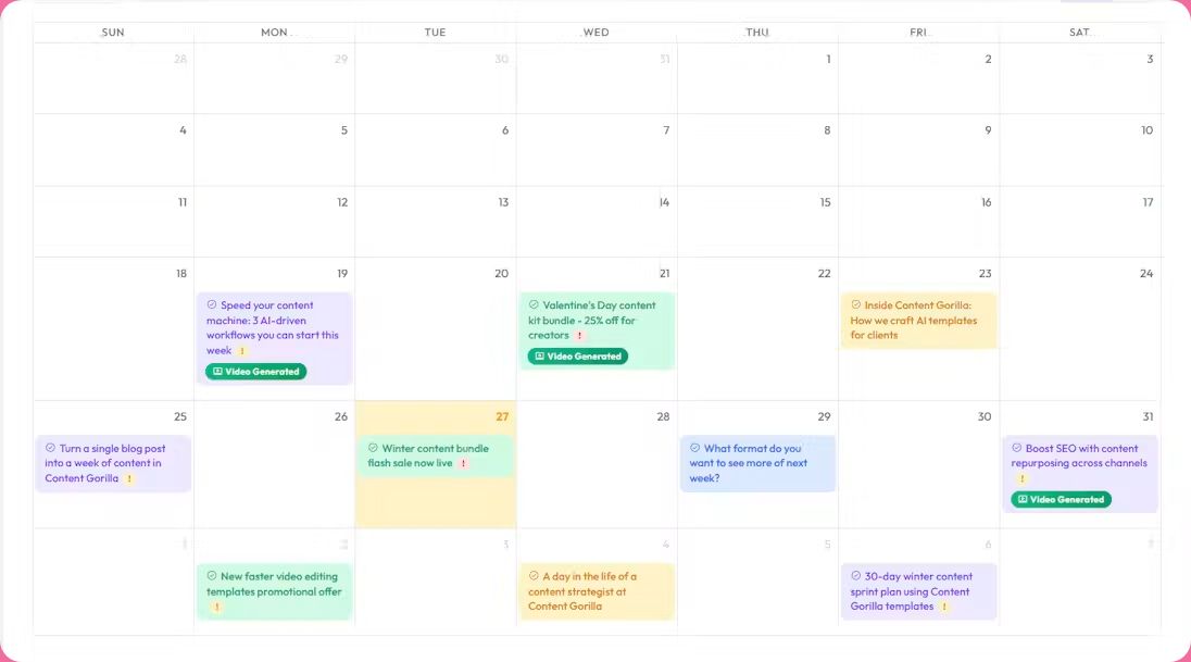 A 30-day content calendar generated by the tool, showing scheduled video topics across multiple weeks with color-coded entries and video generation status indicators.