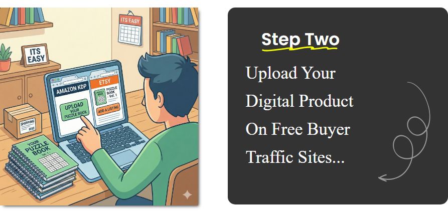 Illustrated step showing a person uploading a puzzle book to Amazon KDP and Etsy simultaneously.
