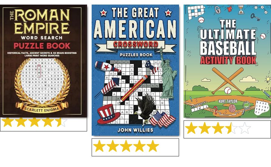Three example puzzle book covers — a Roman Empire word search, an American crossword, and a baseball activity book — with star ratings shown beneath each.