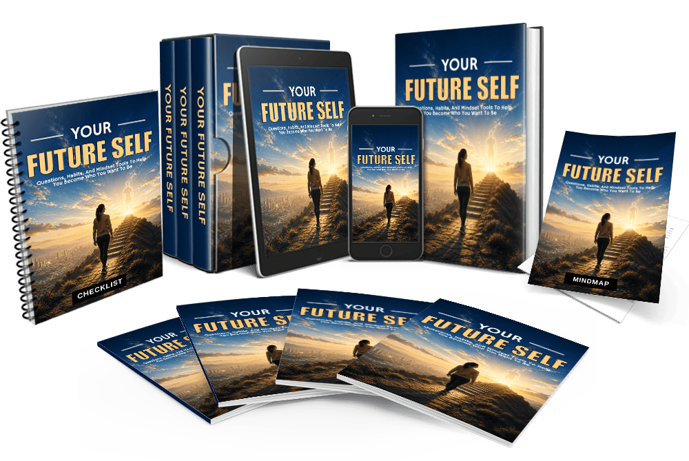 A full product bundle mockup showing all included Your Future Self PLR materials arranged together, including ebook, checklist, mindmap, tablet and phone versions.