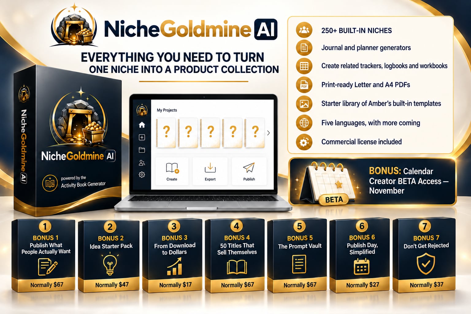 A product bundle graphic listing NicheGoldmine AI features including 250+ built-in niches, journal and planner generators, print-ready PDFs, five languages, and a commercial license, alongside seven numbered bonus items with their normal prices.