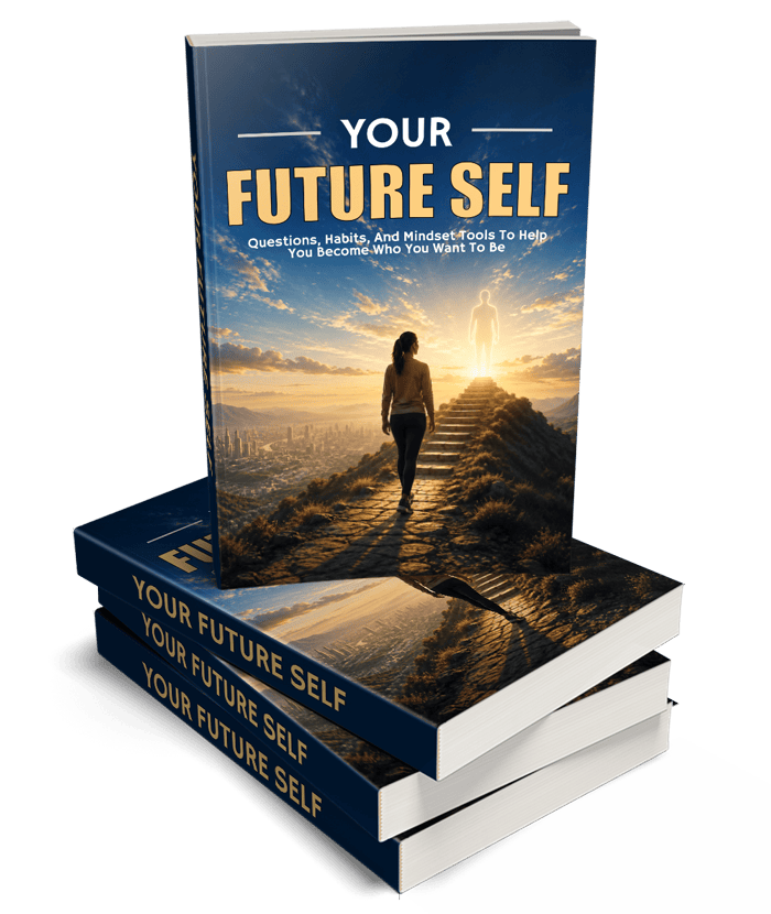 A stacked book mockup showing the Your Future Self ebook cover featuring a person walking toward a glowing figure at the top of a staircase.