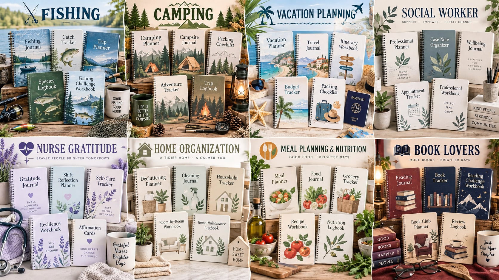 Eight niche collection mockups displayed in a grid covering Fishing, Camping, Vacation Planning, Social Worker, Nurse Gratitude, Home Organization, Meal Planning and Nutrition, and Book Lovers, each showing multiple product titles.