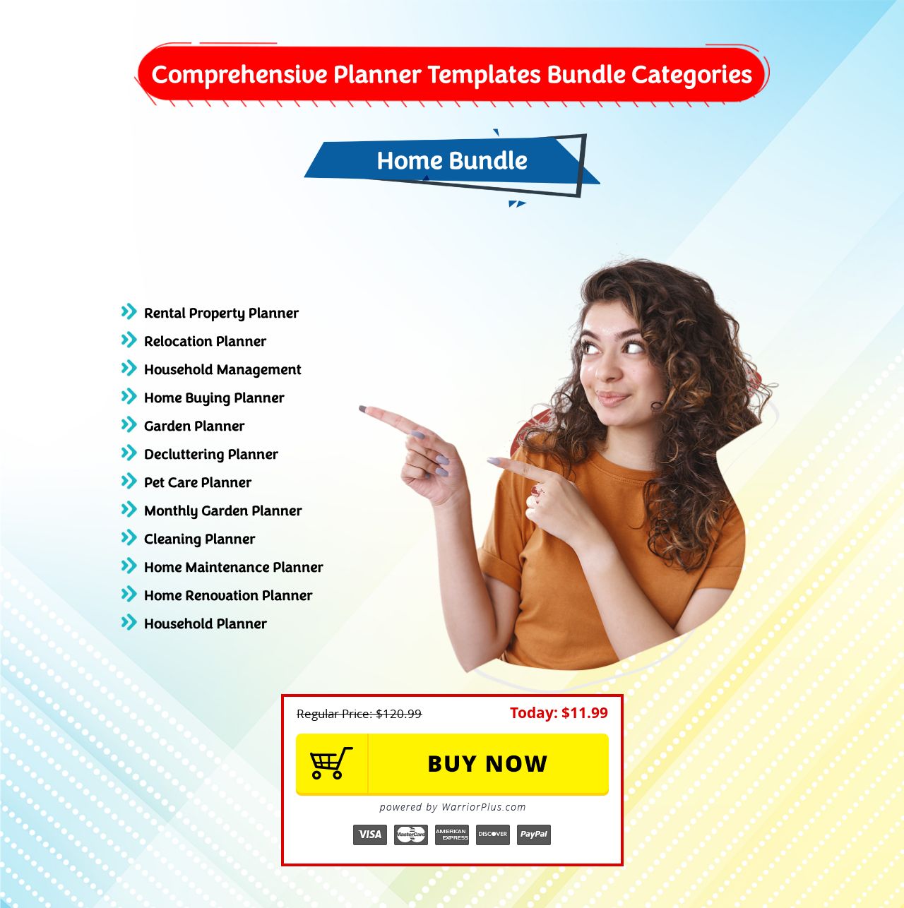 The Home Bundle category listing twelve planner types including Rental Property, Garden, Pet Care, and Home Renovation planners, with a discounted price shown.