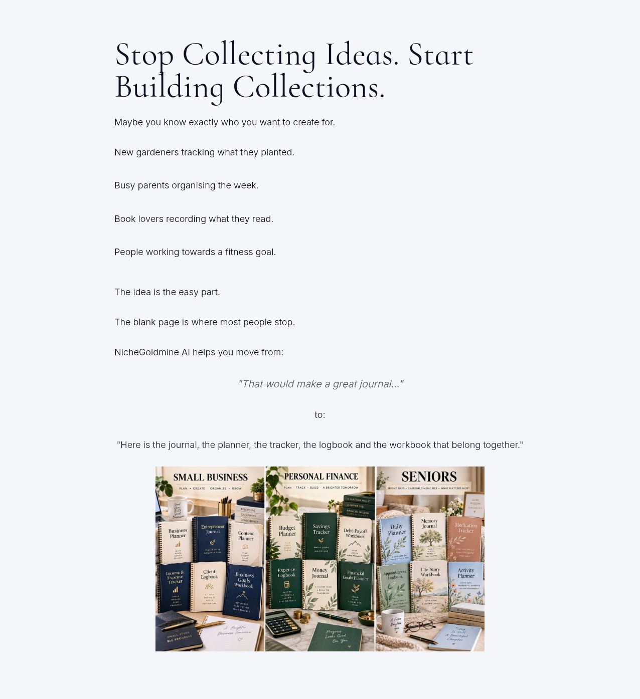Three product collection mockups displayed side by side covering Small Business, Personal Finance, and Seniors niches, each showing multiple journal and planner titles.
