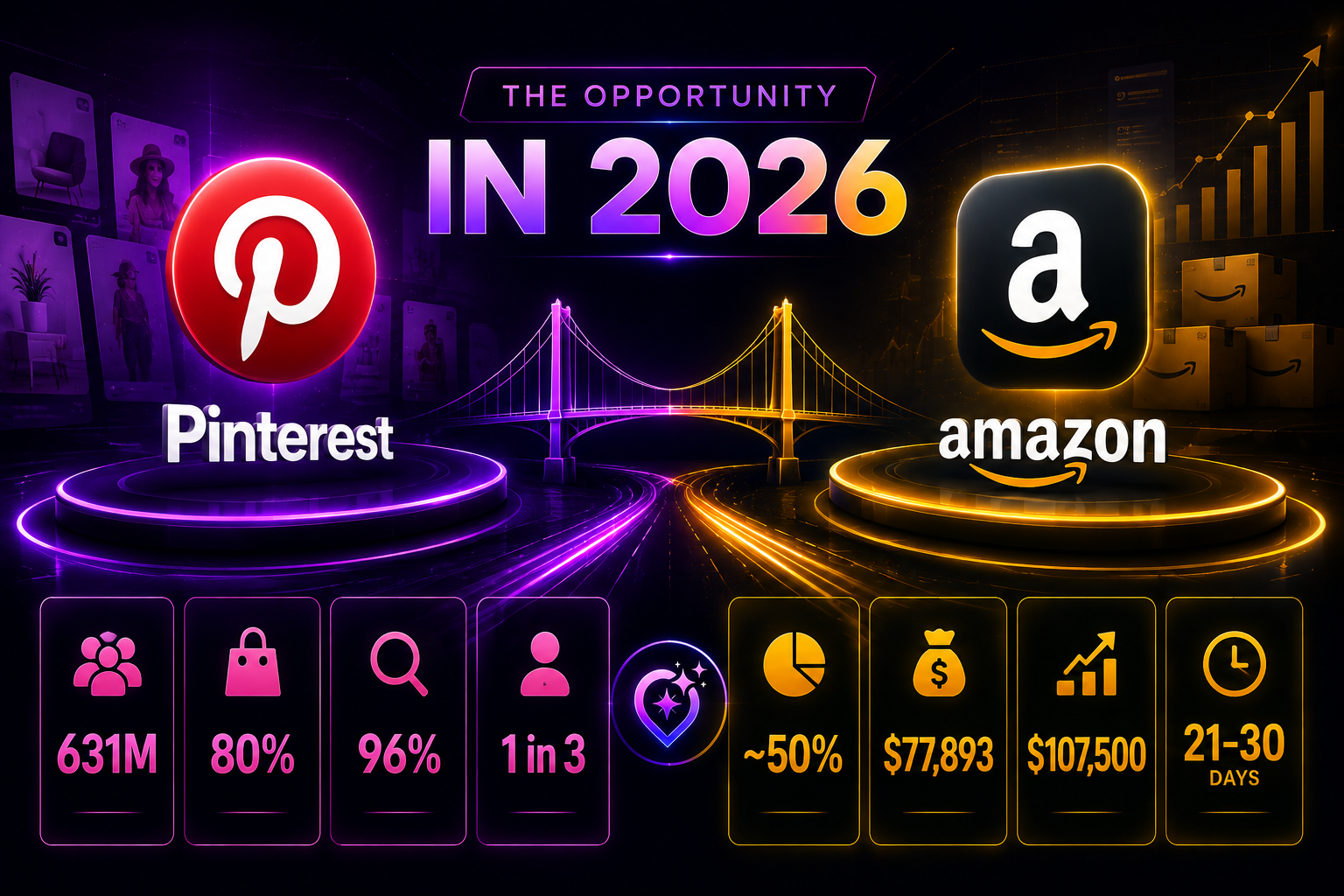An infographic illustrating the Pinterest-to-Amazon affiliate opportunity in 2026, showing platform statistics such as 631M users, 80% shopping intent, and Amazon commission figures.