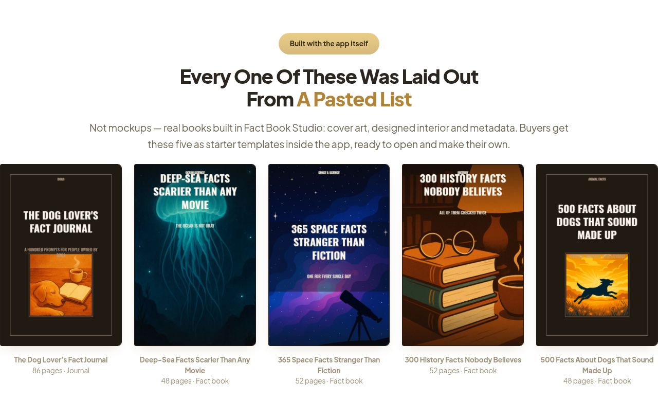An interactive PDF viewer embedded on the sales page showing the front cover of the '365 Space Facts' book exported directly from the app.